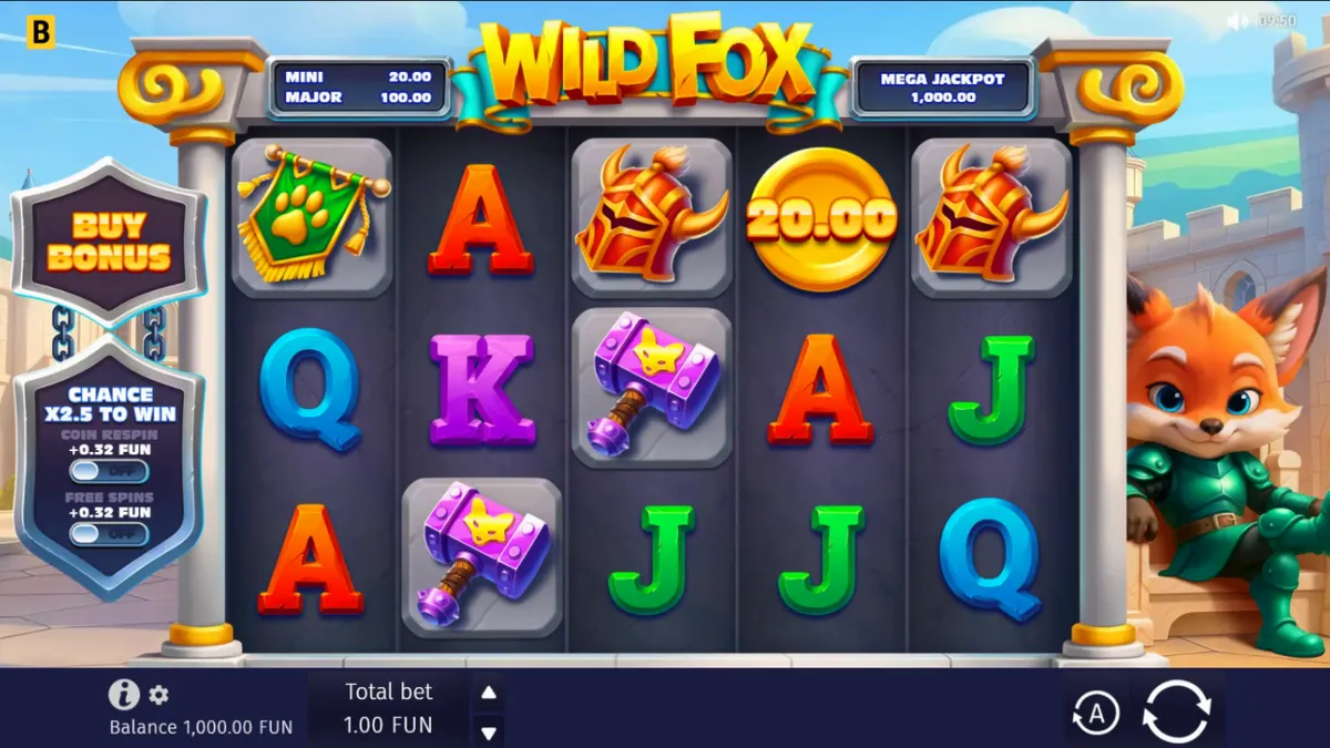 Tampilan antarmuka seluler slot Wild Fox dengan karakter rubah ksatria