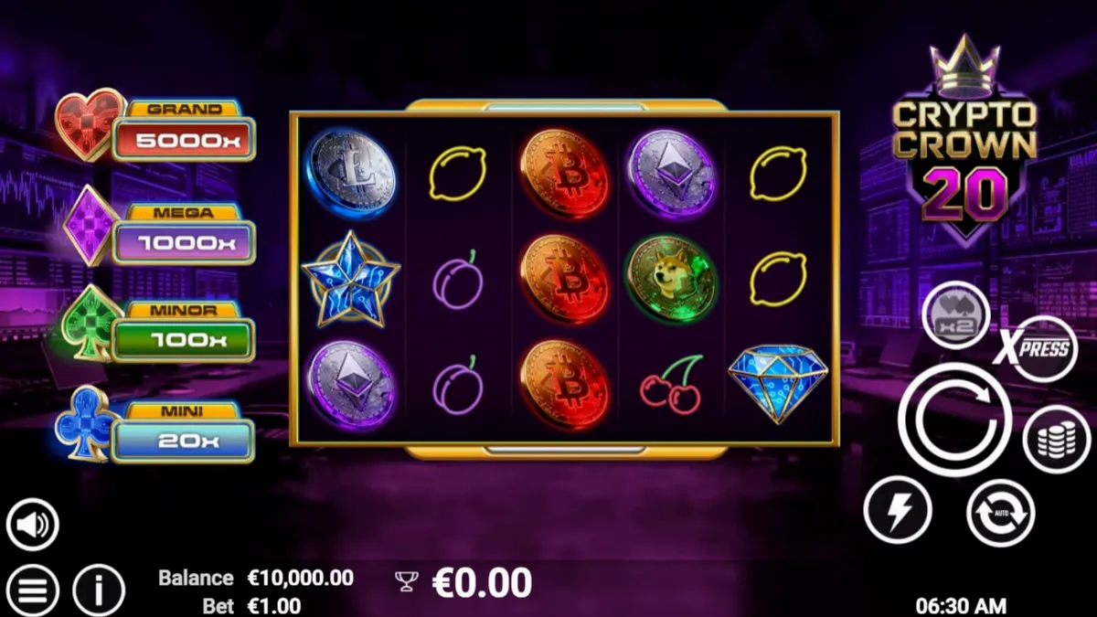 Tampilan visual slot Crypto Crown 20 dengan simbol kripto dan buah neon